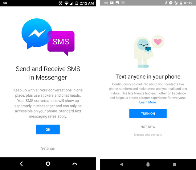 Facebook Messenger permission screen from 2016 (Left), and new permission screen (Right)